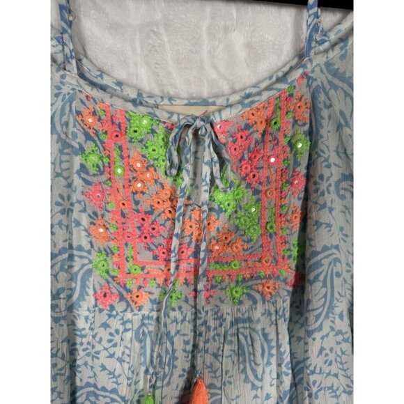MISS JUNE PARIS Peasant Blouse Top White Blue Paisley, Pink Embroidered Tassels - Picture 4 of 10